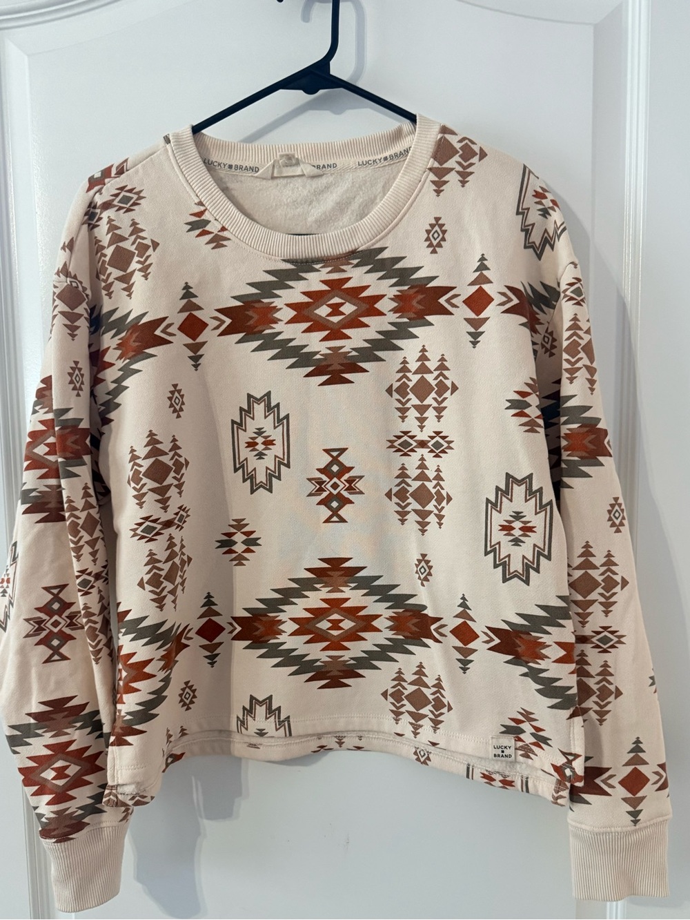 Lucky Brand Cream Aztec-Print Pullover with Rust and Olive Accents